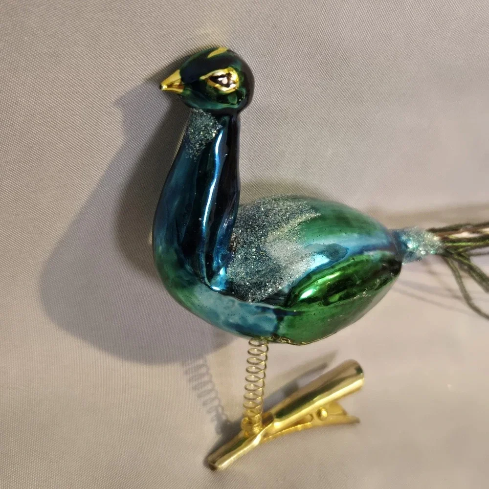 Glass Peacock Clip On Christmas Ornament Real Feather Tail Blue Green Glitter
